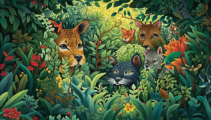 Curious wildlife peeking through the foliage in a dense forest.