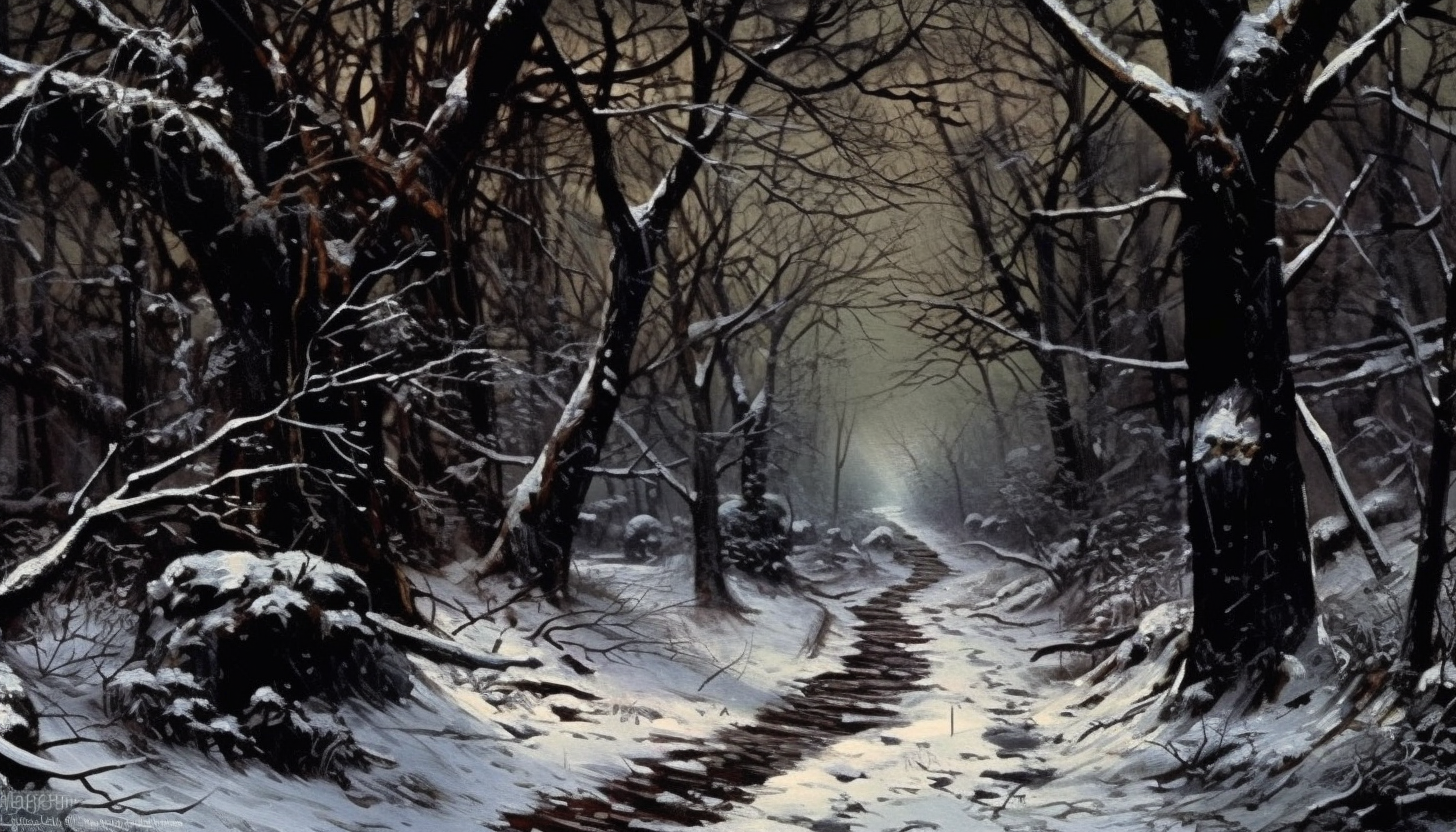 Snow-capped trees lining a quiet winter path.