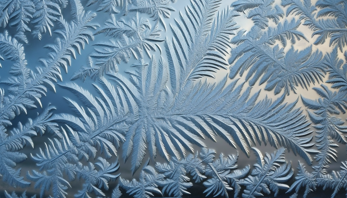 Frost patterns forming intricate designs on a winter window.