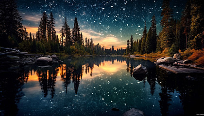 The sparkling night sky mirrored in a tranquil, secluded lake.