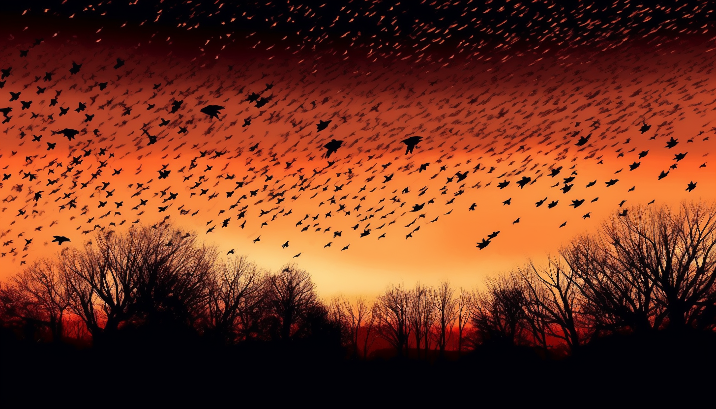 A murmuration of starlings forming shapes in the twilight sky.