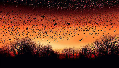 A murmuration of starlings forming shapes in the twilight sky.