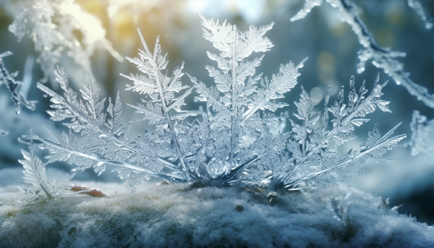 Snowflakes delicately perched on a branch, transforming the forest into a winter wonderland.