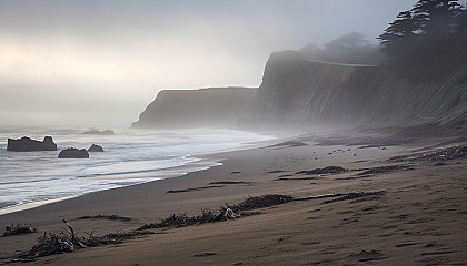 Fog rolling in over a peaceful, deserted beach.