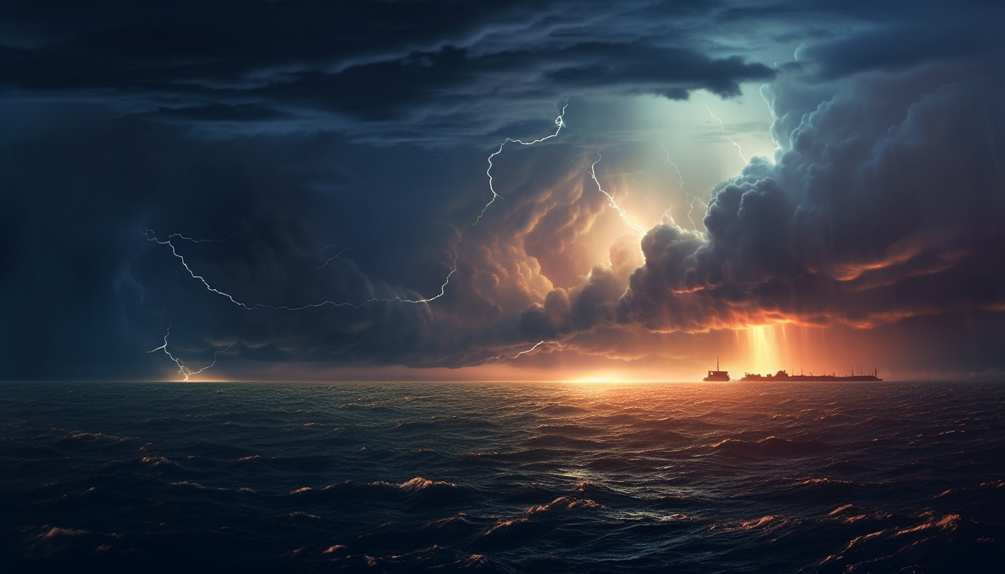 A striking thunderstorm over an open ocean.