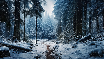 Fresh snowfall covering a quiet alpine forest.