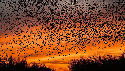 A murmuration of starlings forming patterns in the sky.