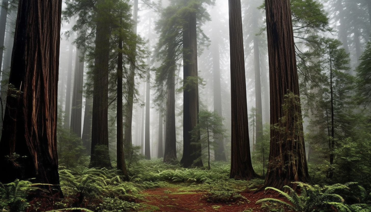 Majestic redwood trees towering in a forest grove.