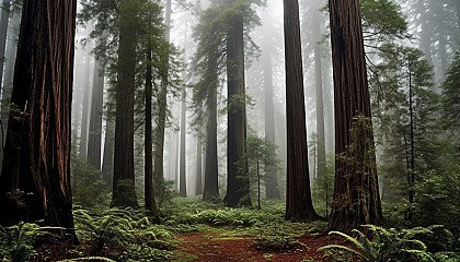 Majestic redwood trees towering in a forest grove.