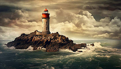 A solitary lighthouse standing against a dramatic sea and sky.