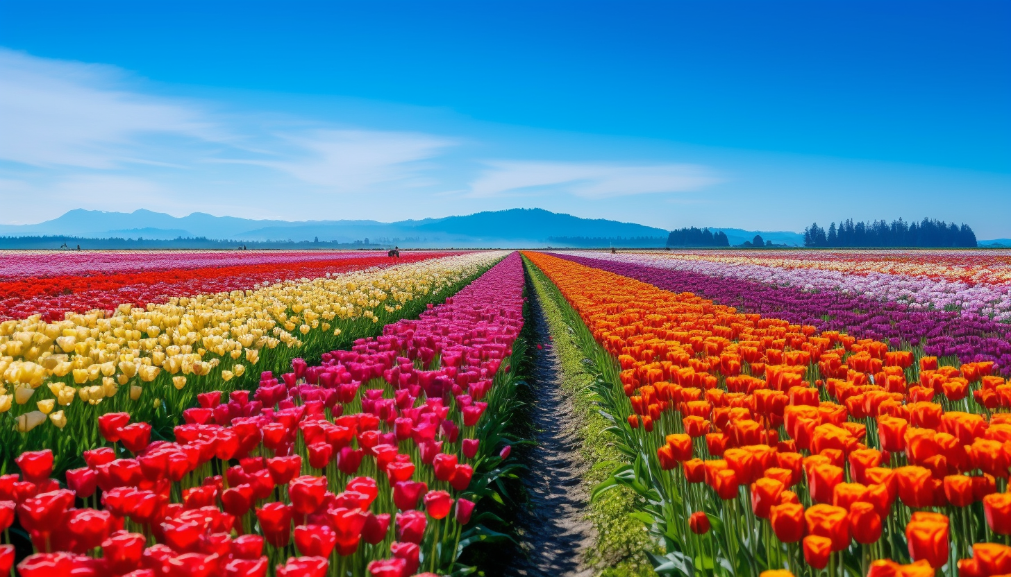 Brightly colored tulip fields under a clear sky.