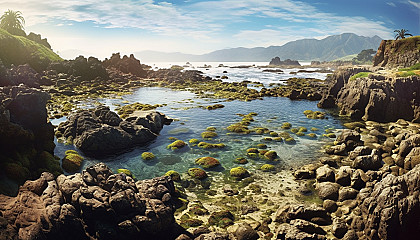 Rocky shores adorned with tide pools and sea life.