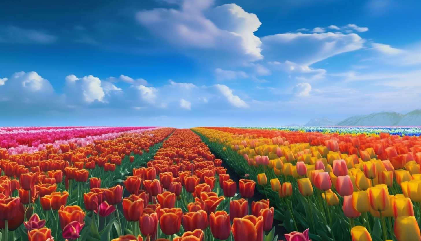 Brightly colored tulip fields under a clear sky.