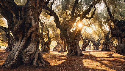 A grove of twisted, ancient olive trees under the Mediterranean sun.