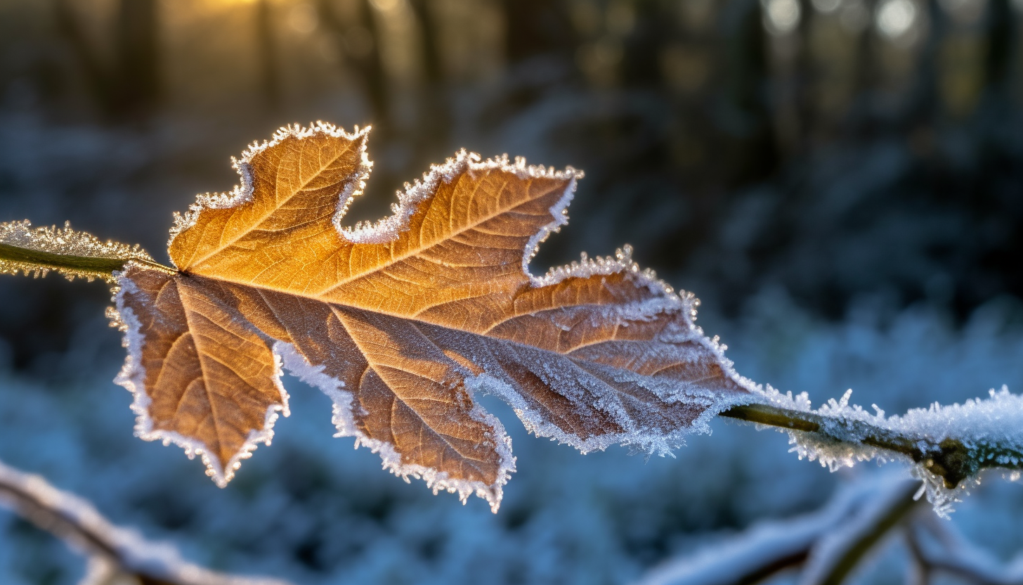 The glistening frost on a leaf on a cold winter morning.