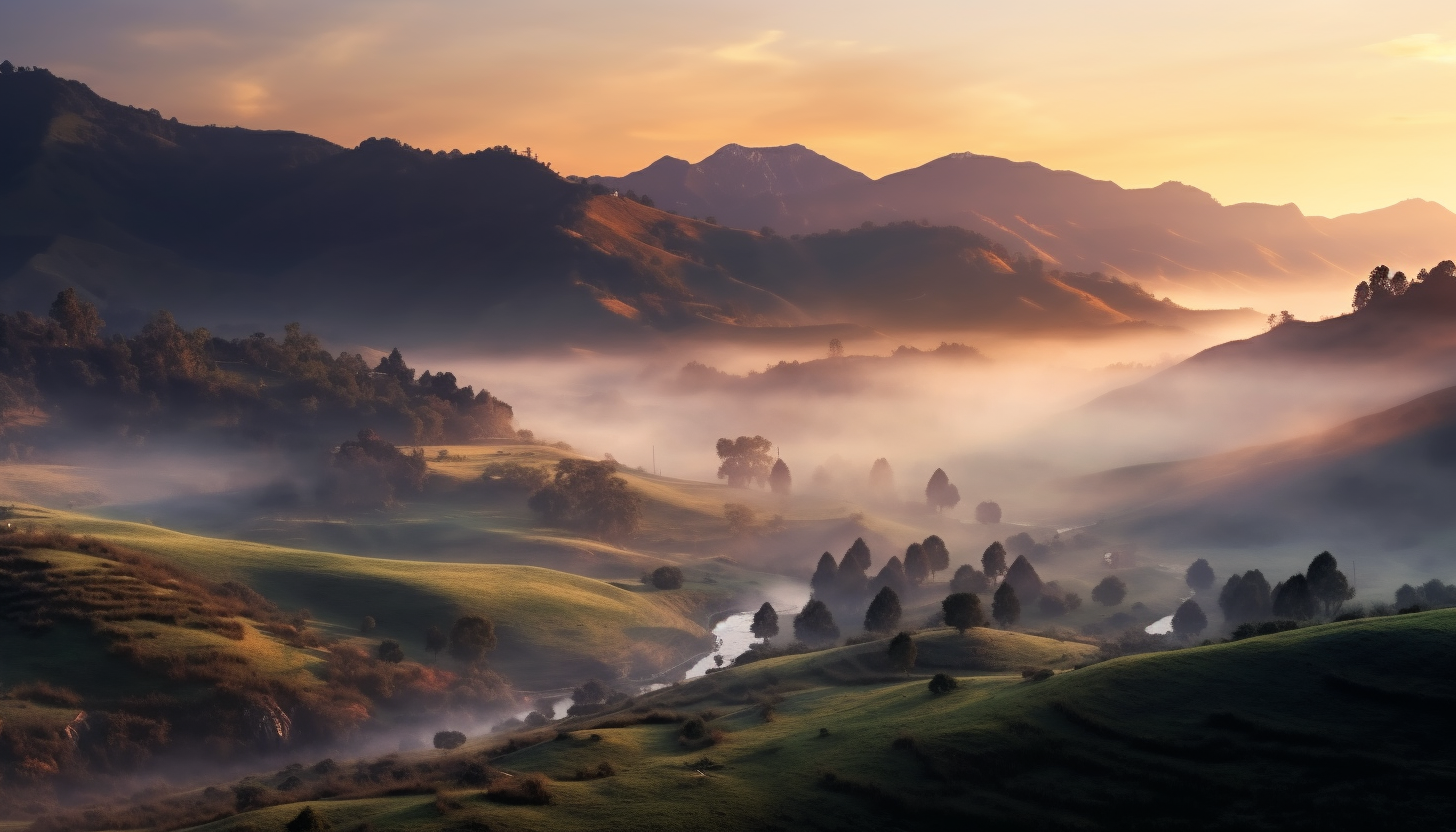 Mist rolling over the hills at dawn.