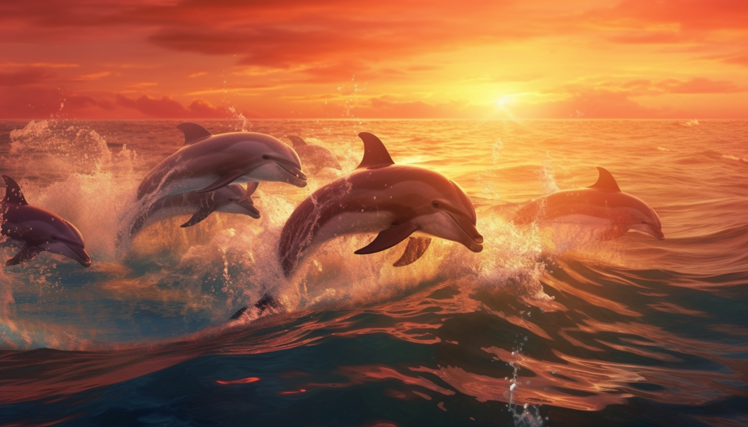 A pod of dolphins leaping in unison against a sunset horizon.
