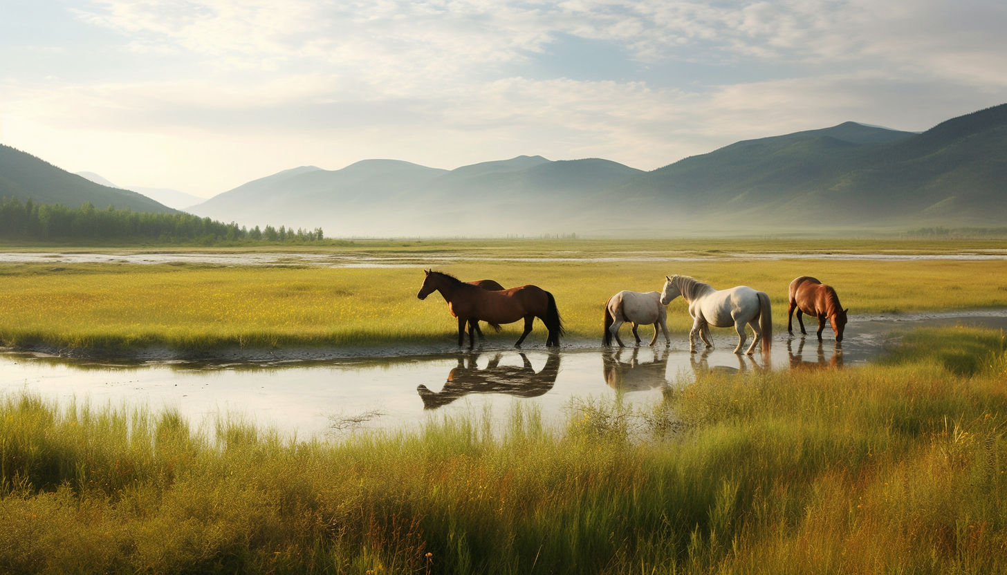 Wild horses grazing in an open meadow.