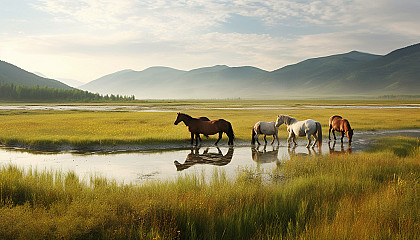 Wild horses grazing in an open meadow.