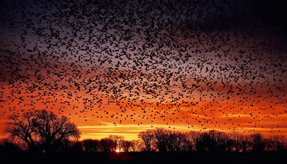 A murmuration of starlings forming shapes in the twilight sky.