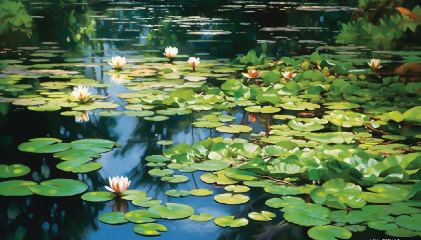 A serene pond filled with blooming water lilies.