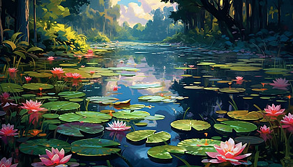 A secluded pond covered in vibrant water lilies.