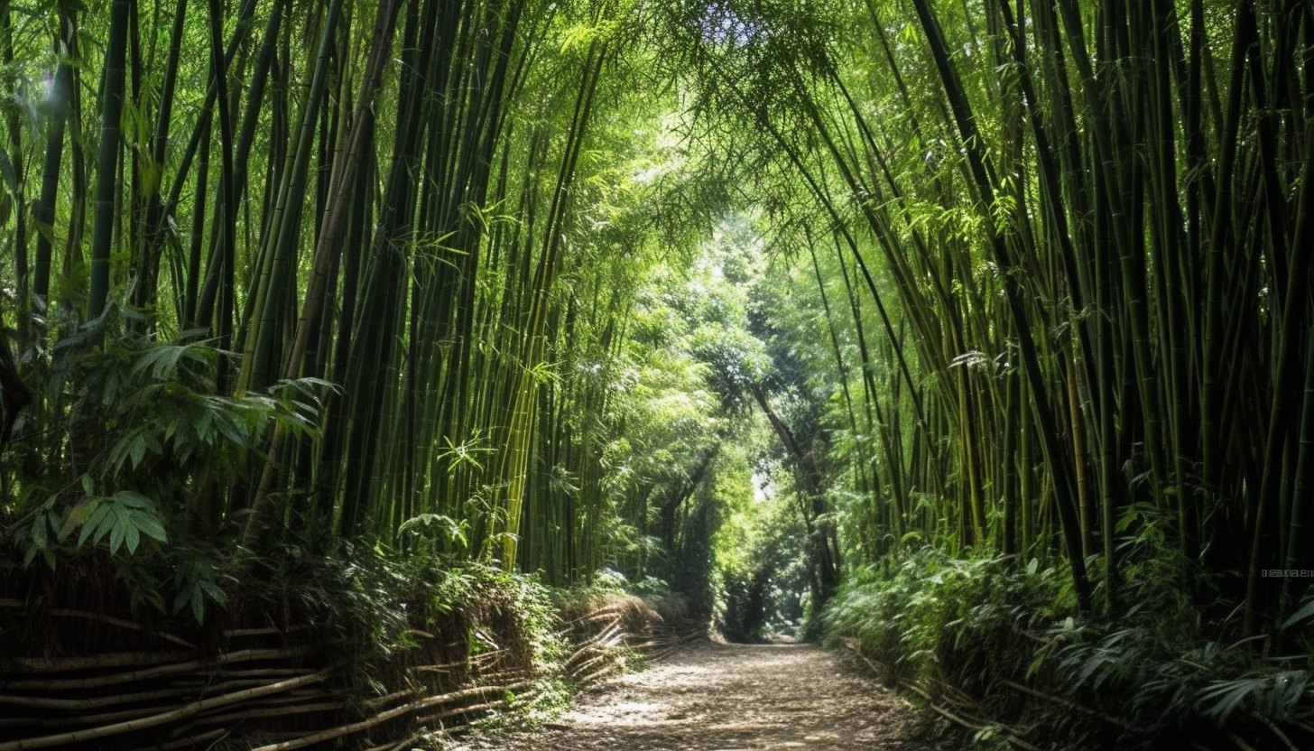 A narrow path winding through dense bamboo groves.