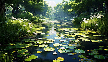 A tranquil pond filled with water lilies in full bloom.