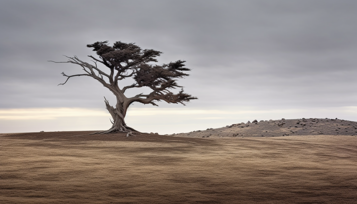 An old, gnarled tree standing alone on a windswept plain.