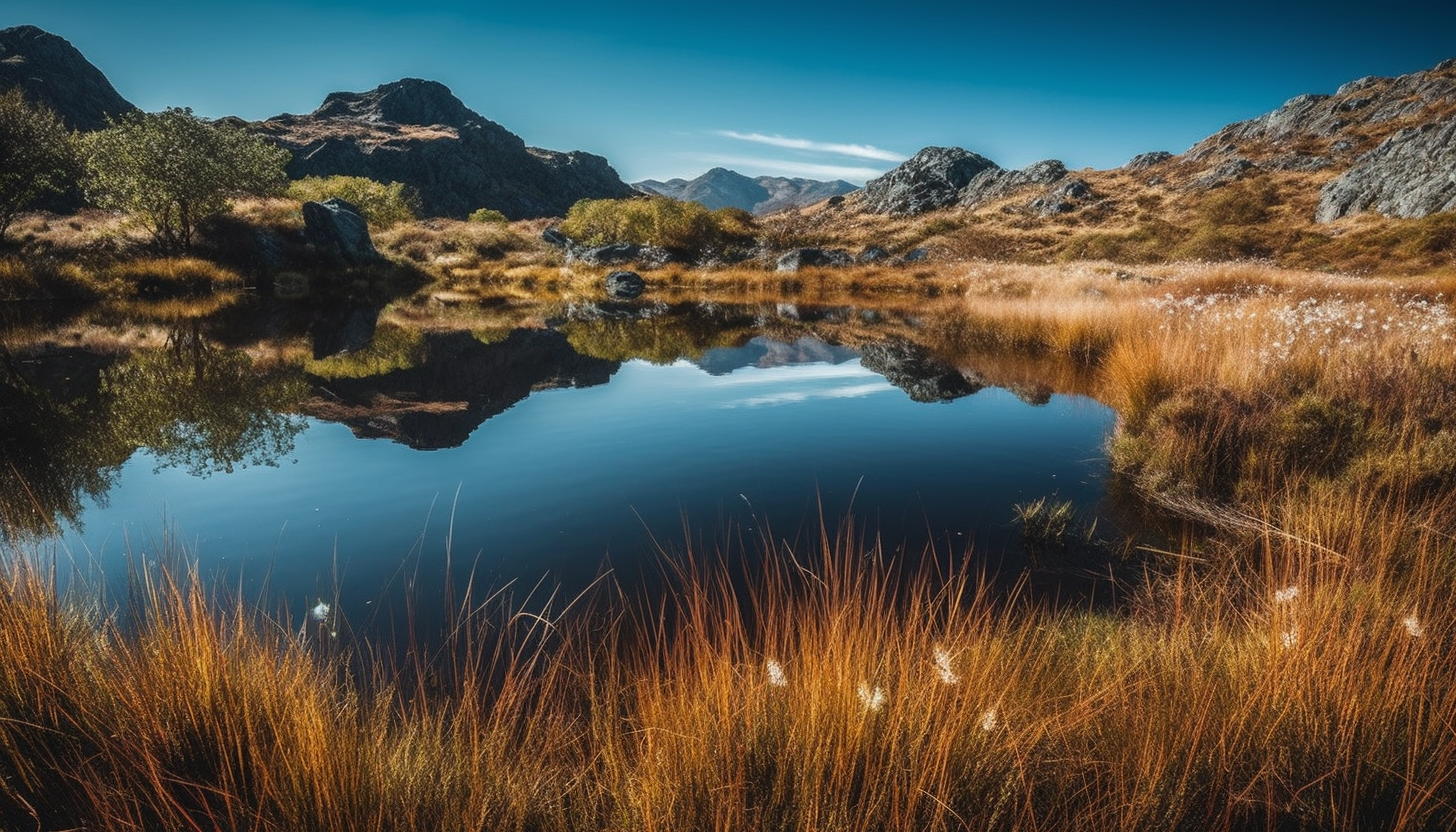 Tranquil lakes reflecting the surrounding landscapes like a mirror.