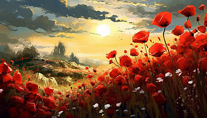 A field of poppies swaying in a gentle breeze.