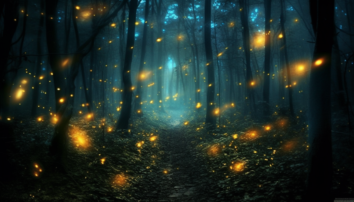 Fireflies illuminating a dark forest at dusk.