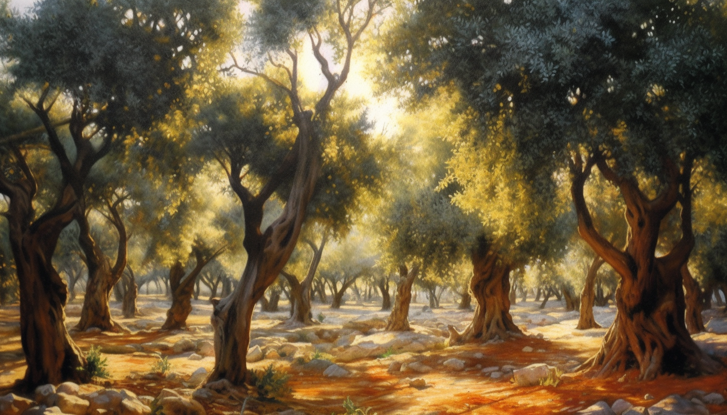 Dappled sunlight shining through a dense grove of olive trees.