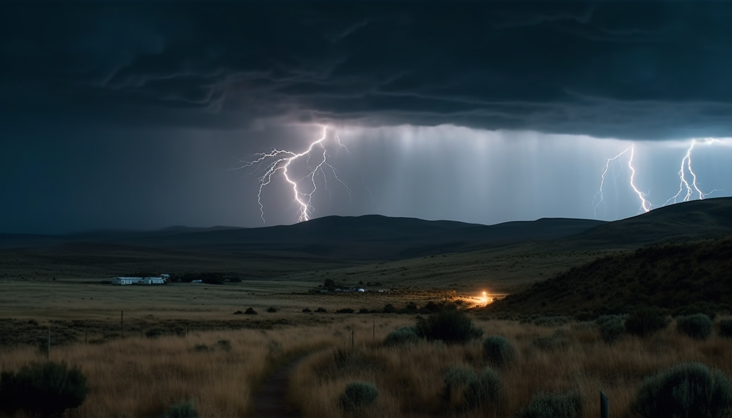 Stormy skies capturing the raw power of nature, with lightning strikes and swirling clouds.