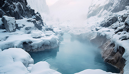 Mist rising from a hot spring nestled among snow-covered rocks.
