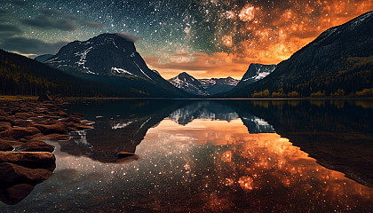 The reflection of the Milky Way on a still mountain lake.