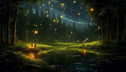 Fireflies illuminating a quiet summer night.