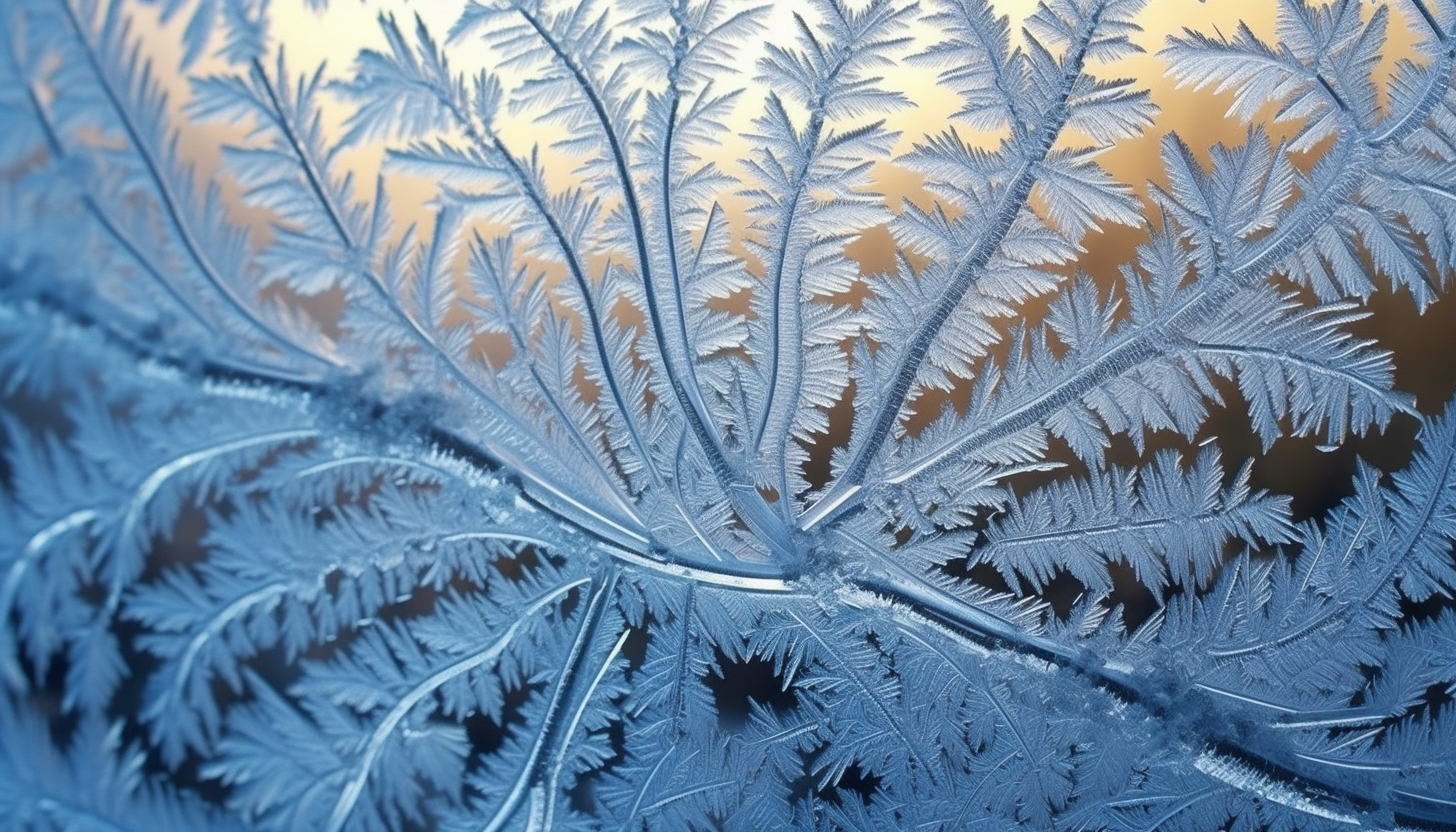 Intricate frost patterns on a window during a chilly winter morning.