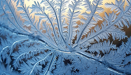 Intricate frost patterns on a window during a chilly winter morning.