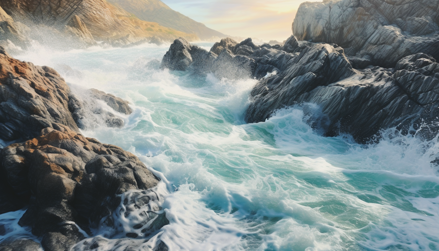 Sea foam swirling around the rocks at a secluded beach.