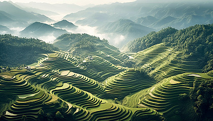 A series of terraced rice fields sculpting a hilly landscape.