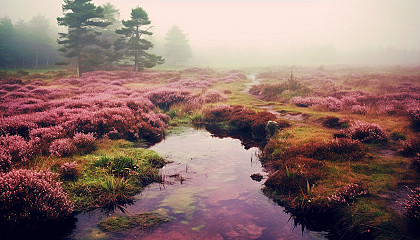 A misty moor with heather in bloom, stretching to the horizon.