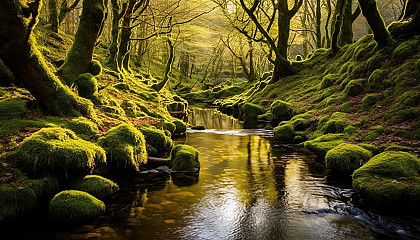A peaceful brook winding through a mossy woodland.