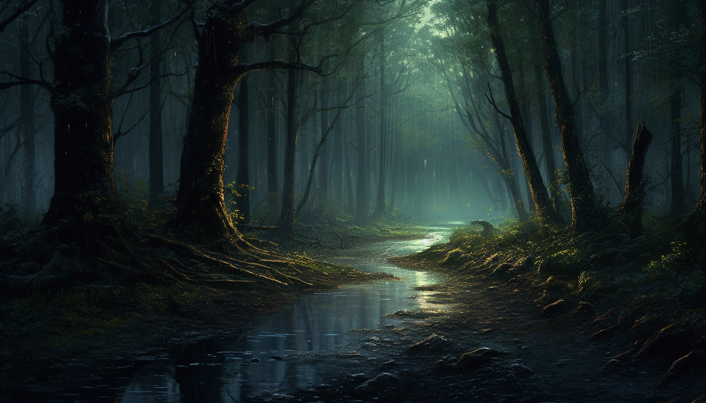 A moonlit path through a quiet forest.