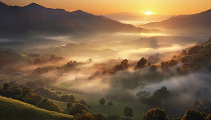 Mist rolling over the hills at dawn.