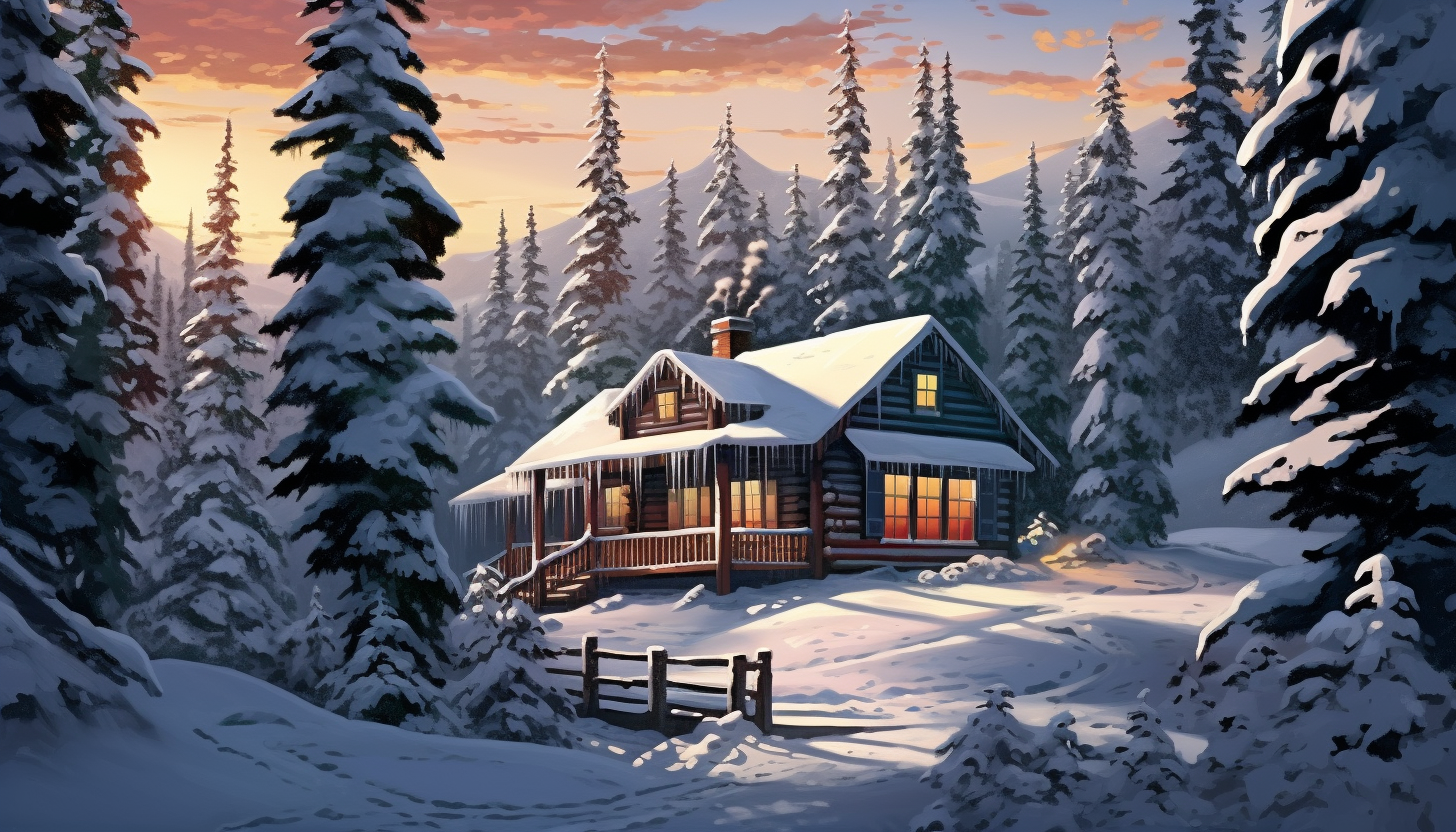 A quiet, snowy scene featuring a cabin nestled among evergreens.