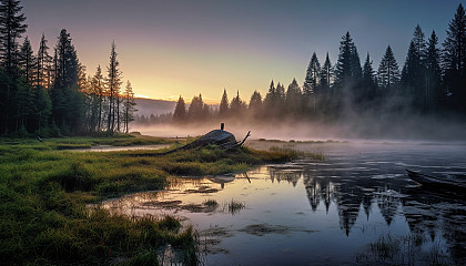 Mist rising off a serene lake at dawn.