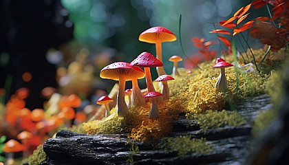 Brightly colored fungi growing on an old log in a forest.