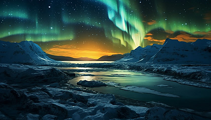 An icy tundra under the glow of the northern lights.