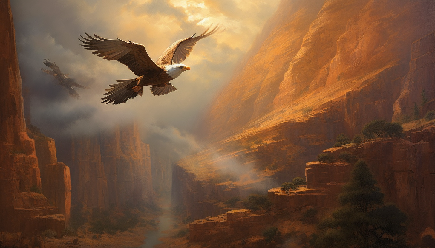 Majestic eagles soaring above a rugged canyon.